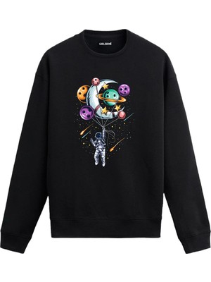 Colermi Astronot ve Gezegenler Balonlu Baskılı Unisex Sweatshirt