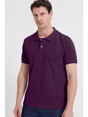 Tudors Erkek Slim Fit Dar Kesim %100 Pamuk Kısa Kollu Polo Yaka Mor Tişört