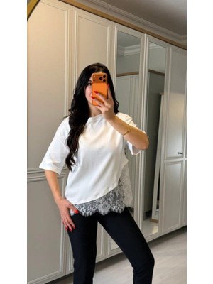 Efnaz Style Kısa Kollu Bısıklet Yakalı Dantel Detaylı Vıskon Ikı Iplık Bluz