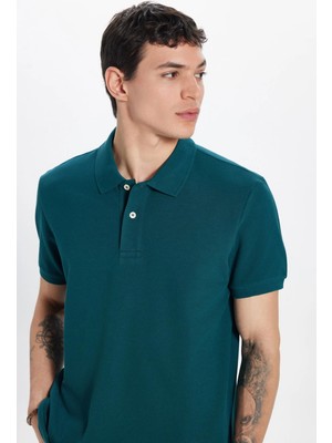Tudors Erkek Slim Fit Dar Kesim %100 Pamuk Kısa Kollu Polo Yaka Yeşil Tişört
