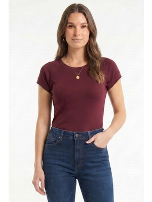 Tudors Kadın Slim Fit Dar Kesim Bisiklet Yaka Reglan Kol %100 Pamuk Bordo Tişört Bluz