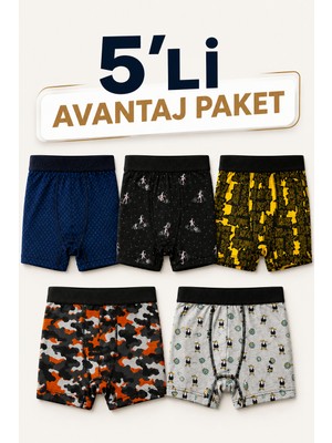 ByDon Erkek Desenli Çocuk Boxer %92 Pamuk 5'li Avantaj Paket Esnek Yapı ile Rahat Kullanım