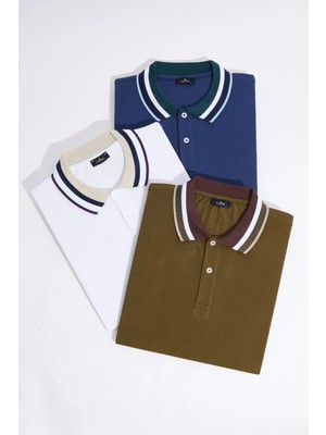 Tudors Erkek 3'lü Paket Kahverengi-Lacivert-Beyaz Slim Fit Dar Kesim %100 Pamuk Düz Pike Polo Yaka Tişört