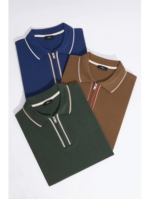 Tudors Erkek 3'lü Paket Kahverengi-Lacivert-Yeşil Slim Fit %100 Pamuk Yarım Fermuarlı Polo Yaka Tişört