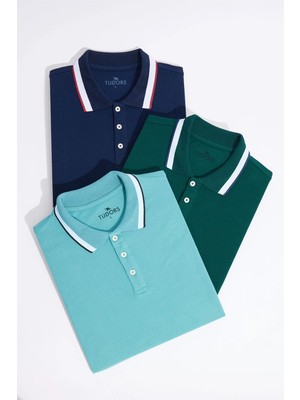 Tudors Erkek 3'lü Paket Lacivert-Turkuaz-Yeşil-Slim Fit Dar Kesim Pamuklu Düz Pike Polo Yaka Tişört