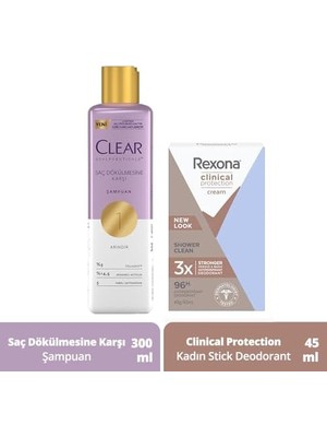 Defne Store Clinical Protection Kadın Stick Deodorant Shower Clean 45 ml + Clear Scalpceuticals Saç Bakım Şampuanı Saç Dökülmesine Karşı 300 ml