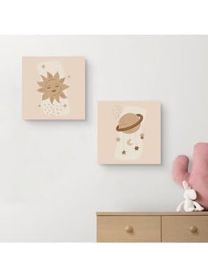 Defne Store Yıldız ve Gezegen | Minimal Tasarımlı 2'li Kanvas 25X25 cm