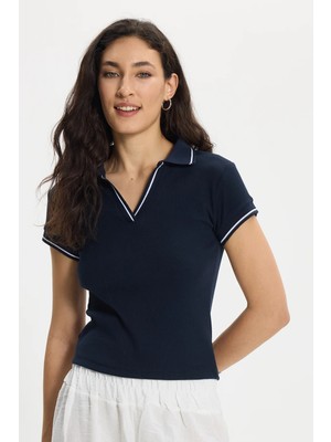 Tudors Kadın Slim Fit Dar Kesim Pamuklu Polo Yaka Kısa Kollu Lacivert Tişört
