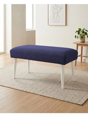 Azra Mobilya Mavi Keten Kumaş Bench Puf 90X45X46 cm Ahşap Beyaz Ayaklı Demonte Modern Yatak Ucu Bench Oturma Bankı Antre Koridor Pufu