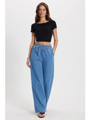 Tudors Kadın Relax Fit Rahat Kesim %100 Pamuk Beli Bağcıklı Lastikli Denim Efektli Açık Mavi Palazzo Pantolon