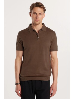 Tudors Erkek Slim Fit Dar Kesim Pamuklu Örme Triko Kahverengi Polo Yaka Tişört