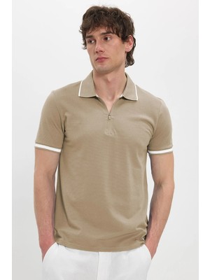Tudors Erkek Slim Fit Dar Kesim %100 Pamuk Jakarlı Düz Yaka ve Kol Detaylı Bej Polo Yaka Tişört
