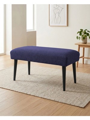 Azra Mobilya Mavi Keten Kumaş Bench Puf 90X45X46 cm Ahşap Siyah Ayaklı Demonte Modern Yatak Ucu Bench Oturma Bankı Antre Koridor Pufu