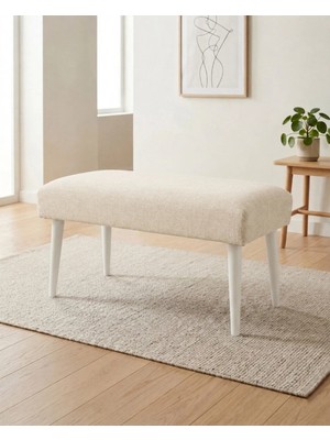 Azra Mobilya Krem Keten Kumaş Bench Puf 90X45X46 cm Ahşap Beyaz Ayaklı Demonte Modern Yatak Ucu Bench Oturma Bankı Antre Koridor Pufu