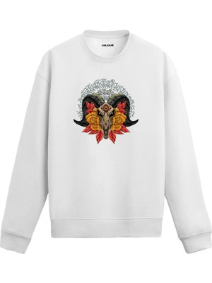 Colermi Boynuzlu Kurukafa Baskılı Sweatshirt Etnik Yaprak Detaylı