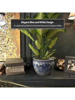 Defne Store Oriental Furniture 30,48 cm Bayan Mavi ve Beyaz Porselen Balık Kasesi