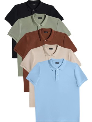 Tudors Erkek 5'li Paket Siyah-Yeşil-Kahverengi-Mavi-Vizon Slim Fit Dar Kesim Pamuklu Düz Pike Polo Yaka Tişört