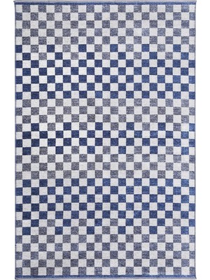 Pera Halı Mavi Beyaz Modern Geometrik Dama Desenli Yıkanabilir Halı - YO30035XF