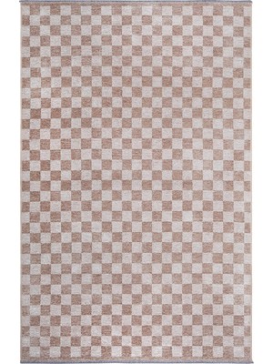 Pera Halı Bej Beyaz Modern Geometrik Dama Desenli Yıkanabilir Halı YO30035XH