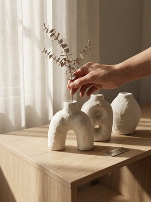 Dekorea Home 3'lü Minimalist Taş Tozu Vazo Seti - El Yapımı Bohem Iskandinav Dekoratif Obje