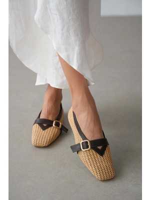 Selin Shoes Virea Hasır Örgü Ayarlanabilir Gold Toka Detaylı Küt Burun Kadın Babet- Kahverengi