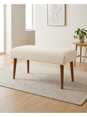 Azra Mobilya Krem Keten Kumaş Bench Puf 90X45X46 cm Ahşap Ceviz Ayaklı Demonte Modern Yatak Ucu Bench Oturma Bankı Antre Koridor Pufu