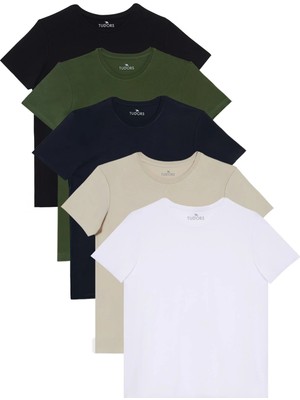 Tudors Unisex 5'li Paket Siyah-Beyaz-Lacivert-Vizon-Yeşil Slim Fit Dar Kesim %100 Pamuk Bisiklet Yaka Tişört