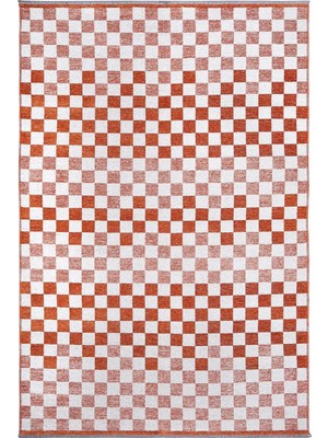 Pera Halı Turuncu Beyaz Modern Geometrik Dama Desenli Yıkanabilir Halı - YO30035XC