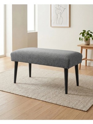 Azra Mobilya Gri Keten Kumaş Bench Puf 90X45X46 cm Ahşap Siyah Ayaklı Demonte Modern Yatak Ucu Bench Oturma Bankı Antre Koridor Pufu