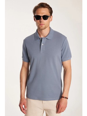 Tudors Erkek Slim Fit Dar Kesim %100 Pamuk Kısa Kollu Polo Yaka Indigo Tişört