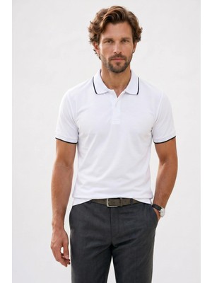 Tudors Erkek Regular Fit Klasik Kesim %100 Pamuk Kısa Kollu Çizgi Detaylı Beyaz Polo Yaka Tişört