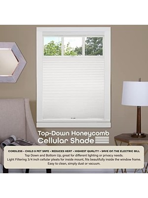 Defne Store Akülü Hücresel Pileli Pencere Tonları - 67 Inç Genişlik, 150 cm Uzunluk - Beyaz - Işık Filtreleme Yukarıdan Aşağı Petek Açılır Pencere ve Çatı Pencereleri Için Jaluziler