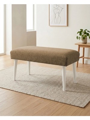 Azra Mobilya Kahverengi Keten Kumaş Bench Puf 90X45X46 cm Ahşap Beyaz Ayaklı Demonte Modern Yatak Ucu Bench Oturma Bankı Antre Koridor Pufu