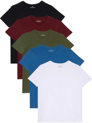 Tudors Unisex 5'li Paket Siyah-Beyaz-Bordo-Mavi-Yeşil Slim Fit Dar Kesim %100 Pamuk Bisiklet Yaka Tişört