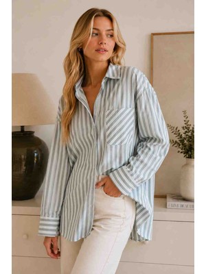 Esq Çizgili Oversize Kadın Gömlek Mint Beyaz Rahat Kesim Günlük Şık Gömlek