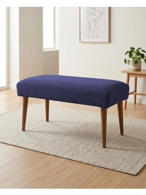 Azra Mobilya Mavi Keten Kumaş Bench Puf 90X45X46 cm Ahşap Ceviz Ayaklı Demonte Modern Yatak Ucu Bench Oturma Bankı Antre Koridor Pufu