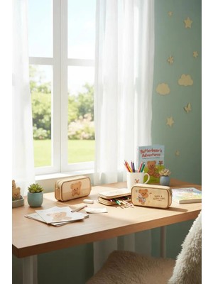 Miniso Butterbear Lisanslı Çift Fermuarlı Kalemlik – Geniş Hacimli Okul Düzenleyici 22.5 cm