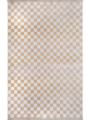 Pera Halı Altın Sarı Modern Geometrik Dama Desenli Yıkanabilir Halı - YO30035XG
