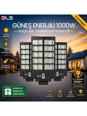 DLS 3'lü Paket 1000W Güneş Enerjili Solar Sokak Lambası Hareket Sensörlü Beyaz LED Aydınlatma