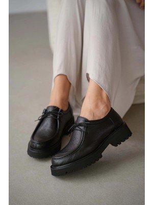 Selin Shoes Orsel Hakiki Deri Bağcıklı Kadın Loafer- Siyah