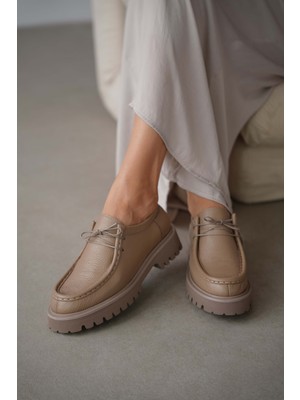 Selin Shoes Orsel Hakiki Deri Bağcıklı Kadın Loafer- Vizon