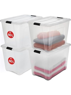 Defne Store Ohyama Kapaklı Saklama Kutuları, 60L, 4'lü Set, Şeffaf, Güvenli Tokalar, Istiflenebilir, Çekme Kulpları, Yatak Odası, Dolap, Ofis, Organizasyon Için, Bpa Içermeyen Plastik, Giysi Çantası, Ntb-60