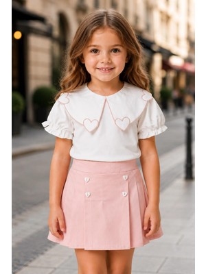 Dinamik çocuk Kız Çocuk Kalp Nakışlı Peter Pan Yaka Bluz Şort Etek (Skort) Takım 2-5 Yaş