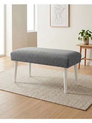 Azra Mobilya Gri Keten Kumaş Bench Puf 90X45X46 cm Ahşap Beyaz Ayaklı Demonte Modern Yatak Ucu Bench Oturma Bankı Antre Koridor Pufu