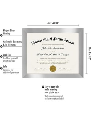 Defne Store 8,5 x 11 Gümüş Resim Çerçevesi - Kırılmaya Dayanıklı Camlı Diploma Çerçevesi Veya Sertifika Çerçevesi Olarak Kullanın - Duvar ve Masa Üstü Ekranı Için Asma Donanım ve Şövale Dahil