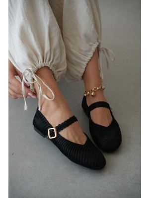 Selin Shoes Vayla Örgü Detay Tokalı Kadın Babet- Siyah