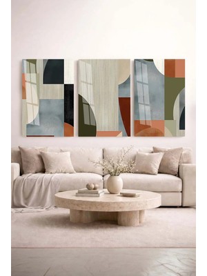 Zevahir Mobilya Dekorasyon Bauhaus Harmonisi Pastel Tonlu Soyut 3'lü Dekoratif Temperli Cam Tablo Seti Ev ve Ofis Tablosu