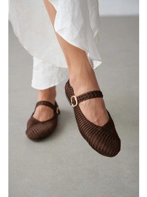 Selin Shoes Vayla Örgü Detay Tokalı Kadın Babet- Kahverengi