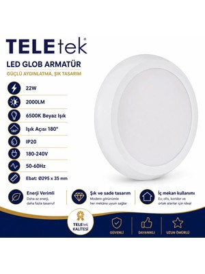 Teletek 22W 6500K Beyaz Işık LED Glob Hareket Sensörlü Beyaz Armatür Ip 20 2000LM
