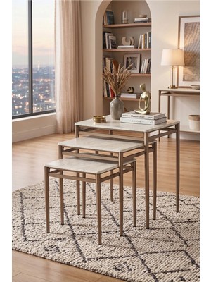 Azra Mobilya Traverten Desen Membran Kaplama 3'lü Zigon Sehpa Takımı Cappuccino Metal Ayaklı Modern Sehpa Seti